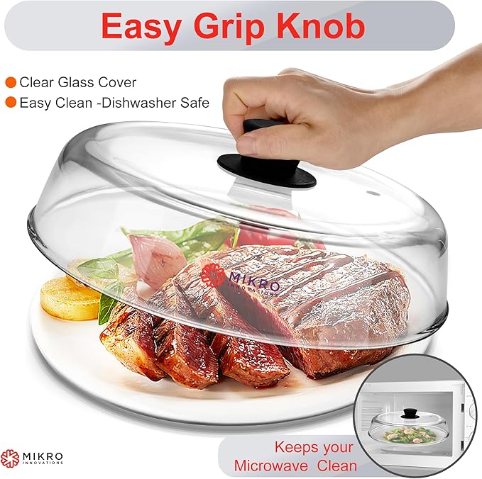 Glass Microwave splatter cover for food plate - Sturdy Borosilicate glass splatter guard with vent hole - 100% Food Safe BPA free Easy Grip Silicone Knob and Dishwasher safe - 10.5in