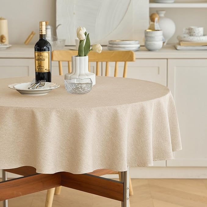 Waterproof Round Tablecloth for Round Dining Table, Decorative Rustic Soft Wipeable Table Cloths Cover Indoor Outdoor Use for Holiday,Wedding, Kitchen (70 Inch,Round (4-6 Seats),Beige)