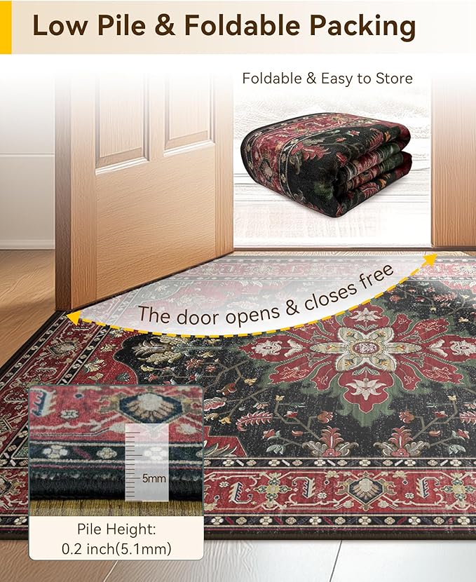 Area Rugs 2'x6' Runner Rug Non Slip Washable for Kitchen Hallway Bedroom Beside Laundry Room Bathroom Rug, Floor Carpet, Red Black