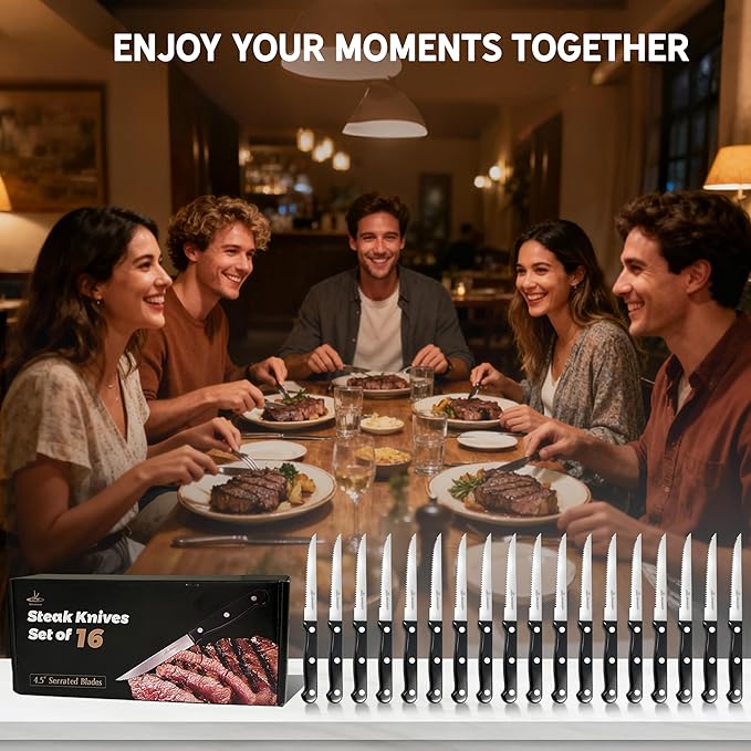 Upgraded Steak Knives Set of 16, Uncoated Stainless Steel Serrated Steak Knife Set, 4.5 Inch Steak Knife with Ergonomic Handle and Sharp Blades, Dishwasher Safe Dinner Knives for Kitchen, Restaurant