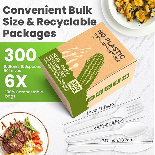 EZYLINKER Compostable Utensils Set (300Pack), Heavy Duty & Eco-Friendly No-Plastic Spoons, Forks, Knives Cutlery Set - 100% Disposable Cornstarch Flatware for Lounge Party Wedding BBQ Picnic Camping