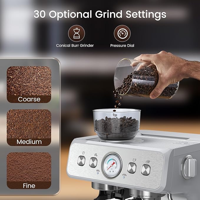 Electactic 20 Bar Espresso Machine with Grinder & Milk Frother Steam Wand, 58mm Stainless Steel Coffee Maker, Expresso Coffee machines for Home and Café Use, Perfect for Cappuccino and Latte