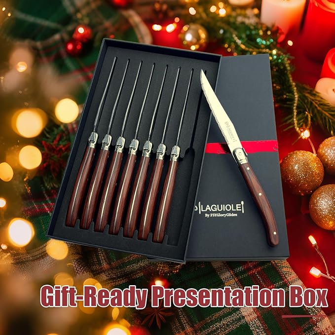Laguiole Style Steak Knives Set of 6, Serrated Stainless Steel Steak Knife Set, Elegant French Design, Dishwasher Safe, Gift Box for Dinner & BBQ (wood-8)