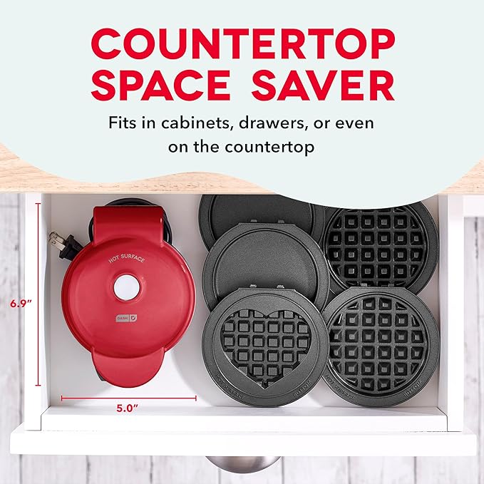 Dash MultiMaker® Mini System - Compact Waffle Maker for Family Breakfasts - Removable Griddle Plates & nonstick surface - 5 Plates - Red