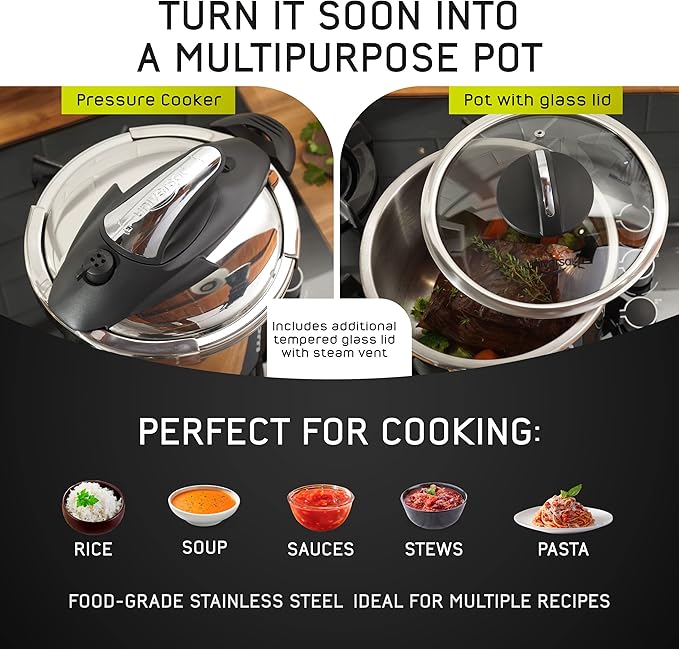 Universal (6.3 Quart / 6 Liter) Stainless Steel Easy Use Pressure Cooker + Extra Glass Lid, Induction Compatible, Pressure Cooker & Multipurpose Pot, 7 servings