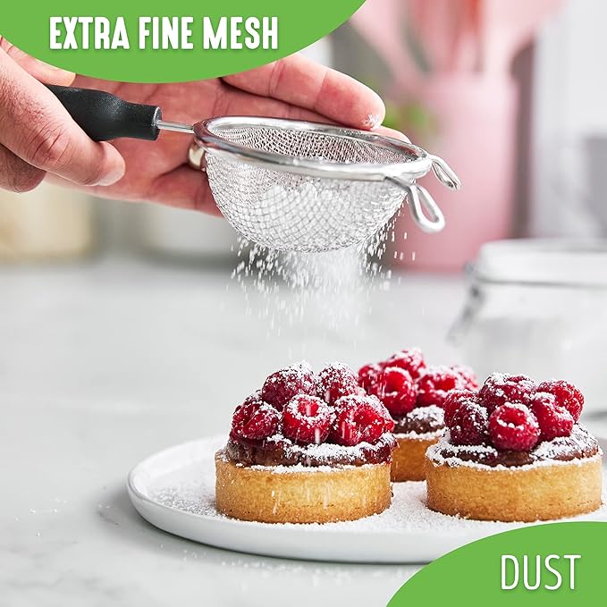 GreenLife Cooking Tools and Utensils, 4 Piece Extra Fine Stainless Steel Mesh Strainer Kitchen Set, Stay Cool Handles, Dishwasher Safe, BPA-Free, Grey