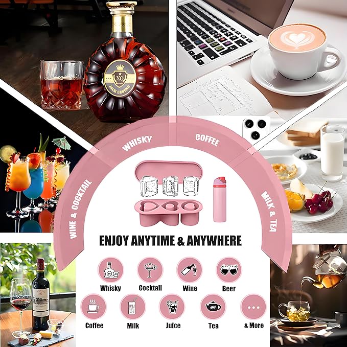 Valentine's Day Ice Cube Tray for Stanley Cup 20 30 40 OZ Heart Shape Silicone Ice Cube Tray with Lid, Stanley Cup Accessories Ice Mold for Owala Water Bottle Tumbler Ice Mold (20-30 OZ, Pink)