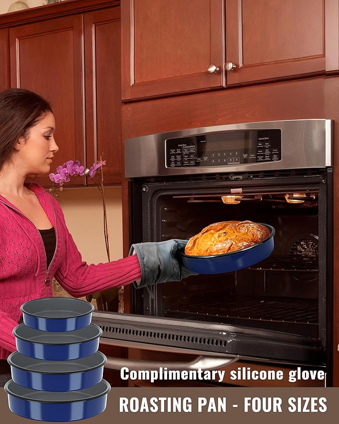 MCCSI Baking Pans Set Round Roasting Dish 4-Pack 9/10/12/14 Inch Enamel Non Stick Large Bakeware for Cake Bread Pie Pizza Ham Turkey, Non-Toxic Oven Dishwasher Safe Mother's Christmas Gift Cookware