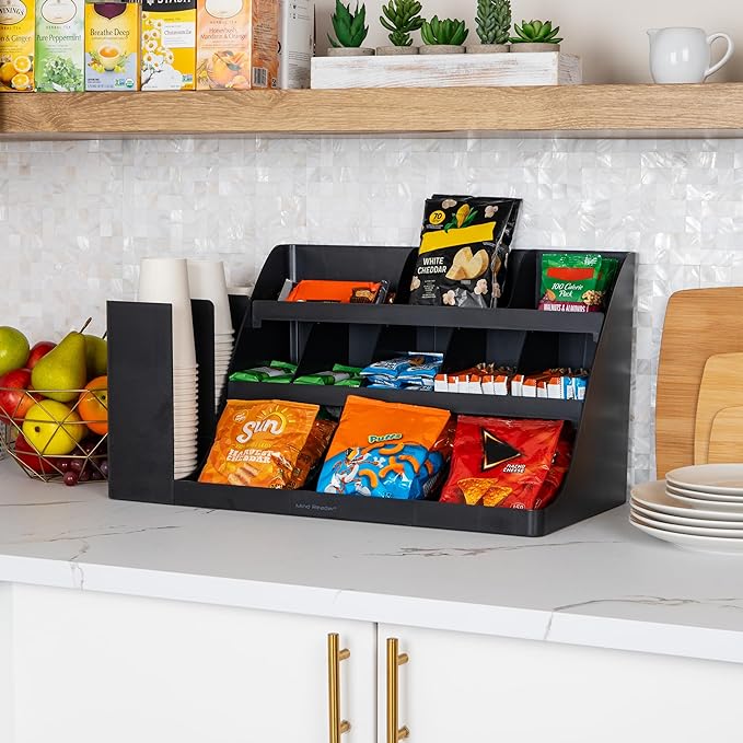 Mind Reader Extra Large Cup and Condiment Station, Countertop Organizer, Coffee Bar, Kitchen, Stirrers, 24"L x 11.5"W x 12.5"H, Black