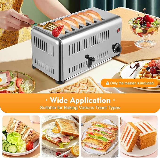 6-Slice Toaster Bread Baking Machine, 1-5 minute Timing Stainless Steel 1680W Commercial Electric Countertop Toaster with Extra Wide Slots & Crumb Tray for Toasting Bagels, Breads, Waffles & More