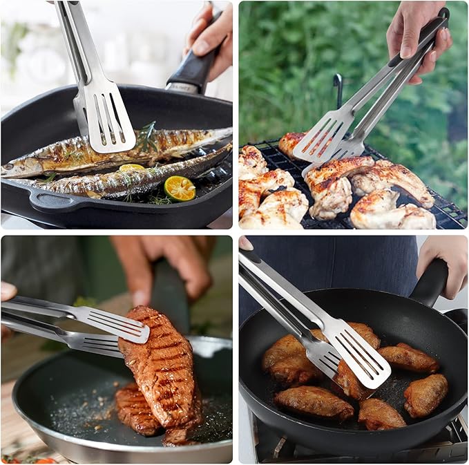 Lebabo Metal Tongs for Cooking, Set of 2 Stainless Steel Spatula Tongs for Grilling, Cooking and Flipping, Strong Grip for Ribs, Steak and Fish, Comfortable Grip, Easy Pull Lock, 9 inch & 12 inch
