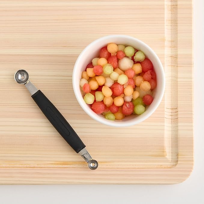 Cat Cora Melon Baller, Professional 18/8 Stainless Steel Dual Blades 22/25-Millimeter For Melon Balls and Garnishes, Ergonomic Soft-Grip Handle