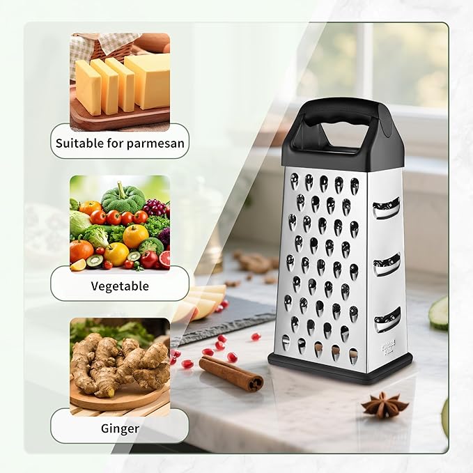 Cheese Grater, 9 IN Size 4-Sided Stainless Steel Grater, Food Shredder for Cheese, Parmesan, Vegetable, Dishwasher Safe, Black