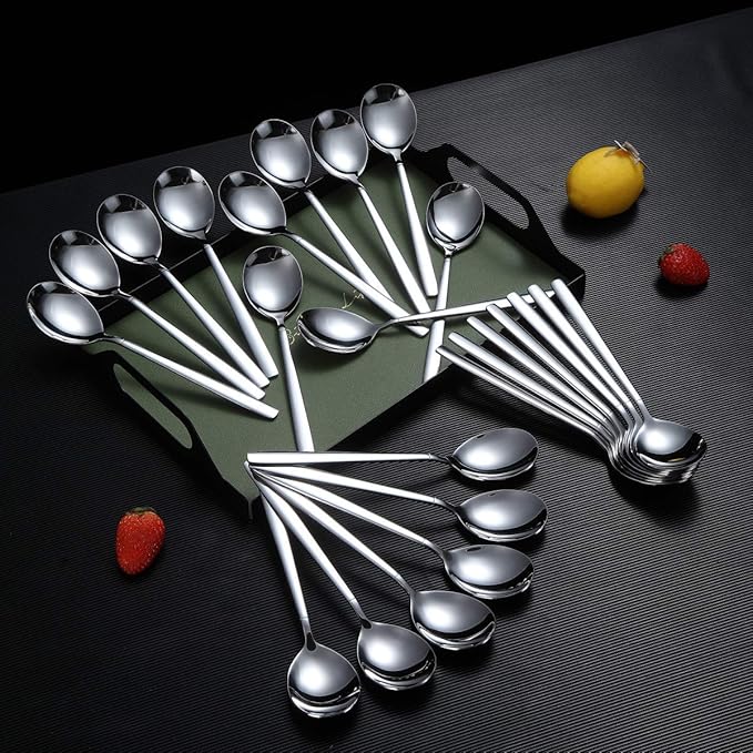 Berglander Dinner Spoon of 24, Stainless Steel Soup Spoons Silverware, Shiny Modern Soup Spoon Table Spoons Set Dishwasher Safe