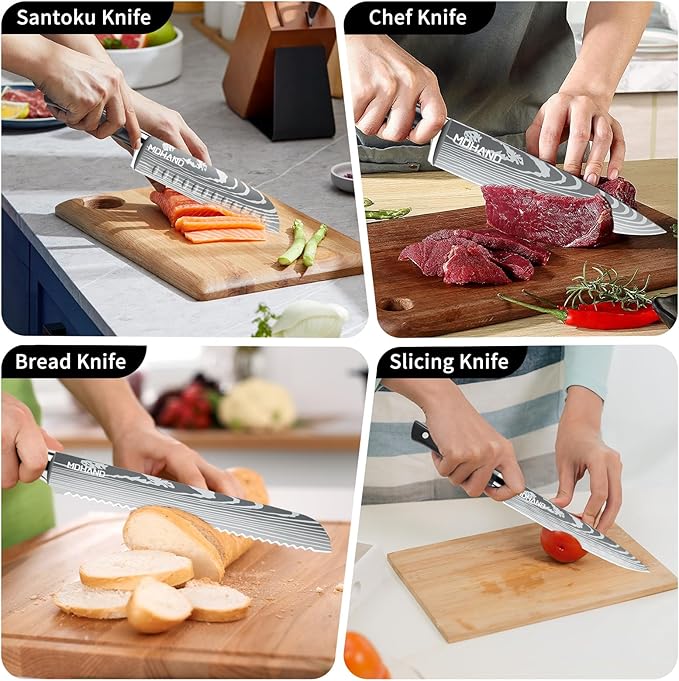 MDHAND Professional Chef Knife Set with Roll Bag, 9PCS Japanese Kitchen Knife Set with Sharpener, High Carbon Stainless Steel Kitchen Knives - Forged Triple Rivet, Dishwasher Safe, Chef Gifts, Black