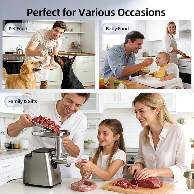 FIMEI Meat Grinder, Stainless Steel Food Processor & Sausage Stuffer, 4-in-1 Heavy Duty Meat Mincer with 2 Blades, 3 Plates, Kibbe Kit And Cookie Maker, for Home Kitchen & Ground Beef