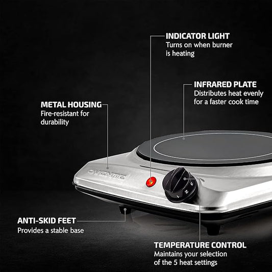 OVENTE Countertop Infrared Single Burner, 1000W Electric Hot Plate with 7” Ceramic Glass Cooktop, 5 Level Temperature Setting & Easy to Clean Base, Compact Stove for Home Dorm Office, Silver BGI101S