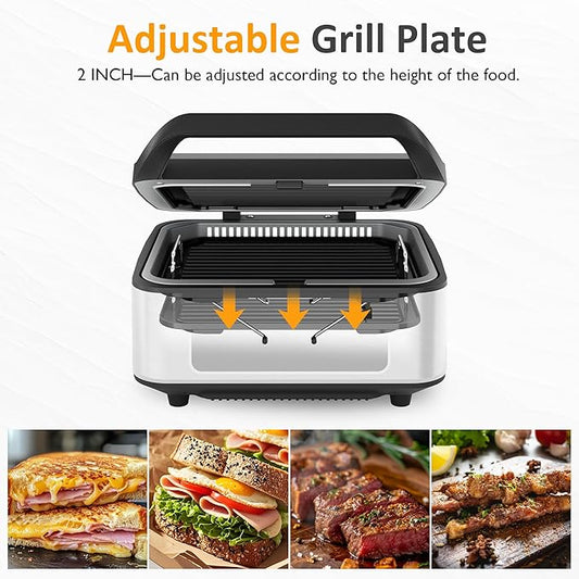Electric Panini Press Sandwich Maker, 1300W Smokeless Indoor Grill with Removable Non-Stick Plates, Auto-Lift, Fan, Independent Upper Heating, Smart Time & Temperature Control, Silver