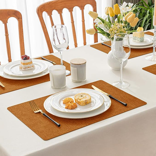Romanstile Vinyl Placemats Set of 4-12 X 17 Inch - Heat Resistant Place Mats 100% Waterproof Oilproof Wipeable Reversible Faux Leather Table Mats for Kitchen, Dining, Party, Outdoor, Orange