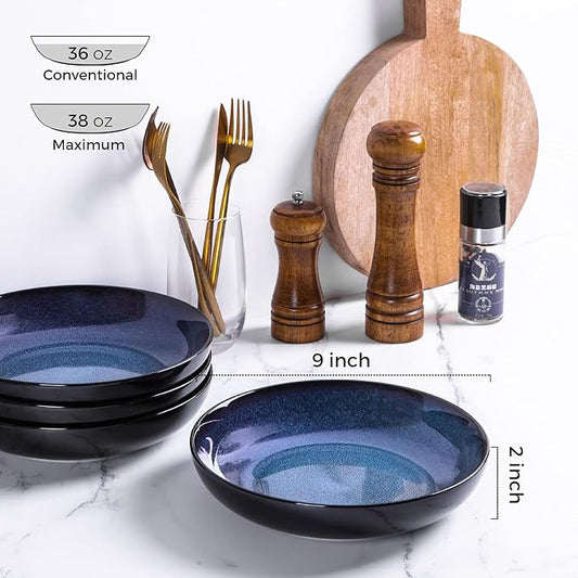 LERATIO Pasta Bowls,Ceramic 38oz Pasta Bowls,9.0" Reactive Glaze Pasta Bowl Set of 4,Microwave & Dishwasher,Oven Safe,Large Wide Serving Bowls for Salad, Dessert,Pizza,Fruit -Blue