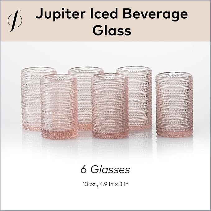 Fortessa Jupiter Beaded Hobnail Glass, 13 Ounce Iced Beverage (Set of 6), Pink