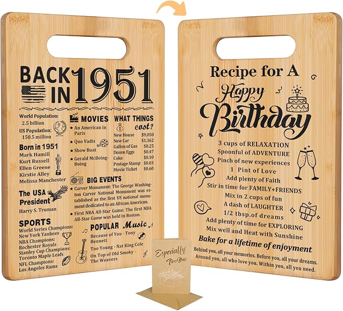 75th Birthday Gifts for Women Men,Back In 1951&Recipe for A Happy Birthday Double sided Cutting Board Gift for Her Him,75th birthday gifts ideas,cool gifts for 75 year old woman