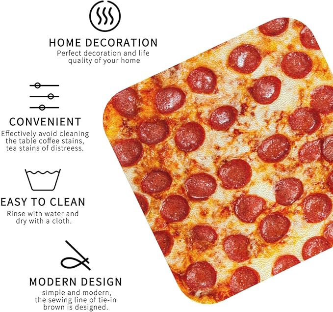 Marble Coasters Square Leather Drinks Coaster Set with Holder for Coffee Table Bar Home Decor 4 Inches Set of 6 (Pizza, One Size)