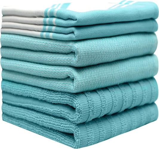 Premium Kitchen Towels (20”x 28”, 6 Pack) | Large Cotton Dish Towels | Flat & Terry Highly Absorbent Kitchen Linen Set with Hanging Loop | Wide Stripe Aqua
