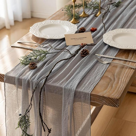 Keketoarrange 6pcs Dusty Blue Gauze Rustic Cheesecloth Table Runner 120 Inch 10 FT for Wedding Baby Shower Bridal Shower Birthday Engagement Garden Outdoor Party Long Sheer Boho Decorations