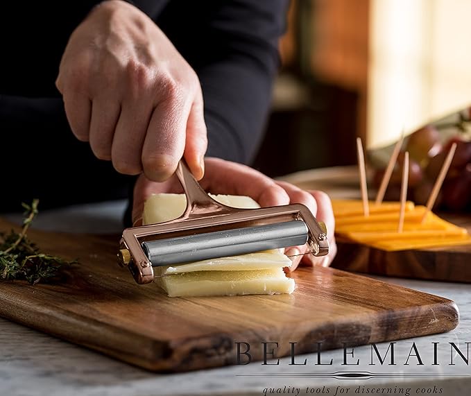Bellemain Stainless Steel Wire Cheese Slicer - Hand Held Cheese Cutter for Cheddar, Gruyere, Raclette, Mozzarella Block, Adjustable Shaver, Thick & Thin Slicer, Curler (Rose Gold)