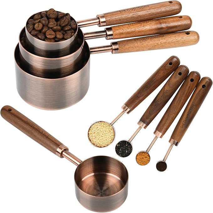 Measuring Cups and Spoons Set with Wood Handle, Stainless Steel Measuring Cup and Spoons Set, Copper Measuring Cups and Spoons for Kitchen & Baking