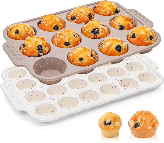 AOTASO 2 Pcs Silicone Muffin Pans for Baking with Metal Reinforced Frame, Nonstick Cupcake Tray for Oven, 12 Cups Regular and 24 Cups Mini Size Silicone Molds for Egg Bites (Brown, Cream)