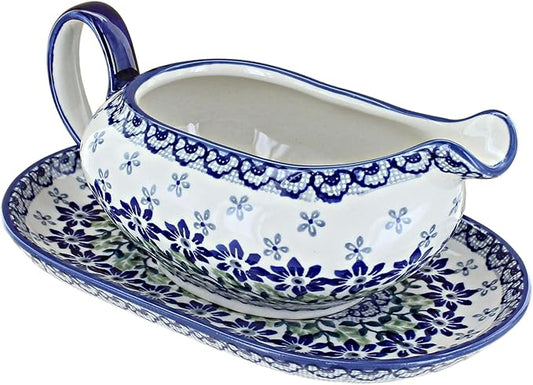 Blue Rose Polish Pottery Halsey Gravy Boat & Plate