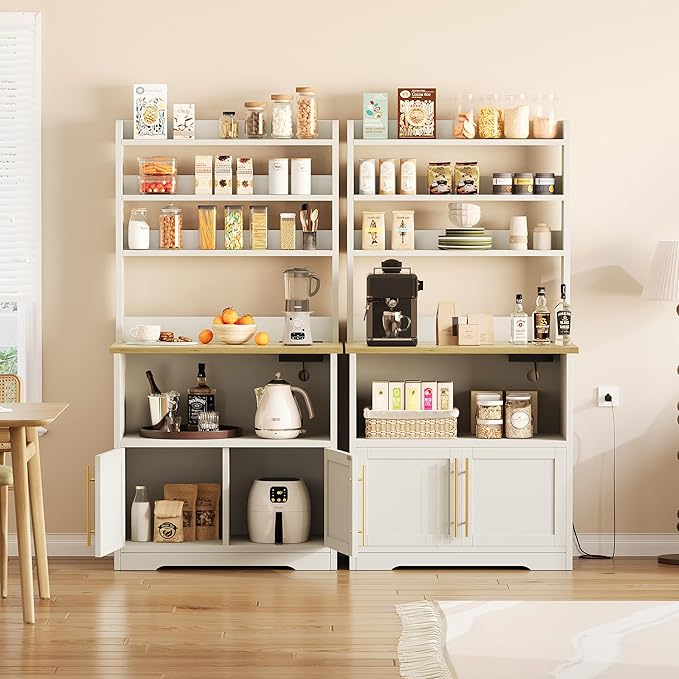 Garvee Farmhouse Bakers Rack with Power Outlets, Microwave Stand with Cabinet, Kitchen Hutch Pantry Cabinet, Kitchen Coffee Bar Cabinet for Spices, Dishes, and Pots, White