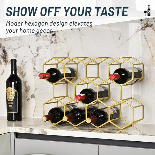 Countertop Wine Rack - 14 Bottle Freestanding Modern Gold Metal Small Wine Rack Two-Way designTabletop Wine Holder Stand for Cabinet, Pantry, Wine Bottle Storage - No Assembly Required