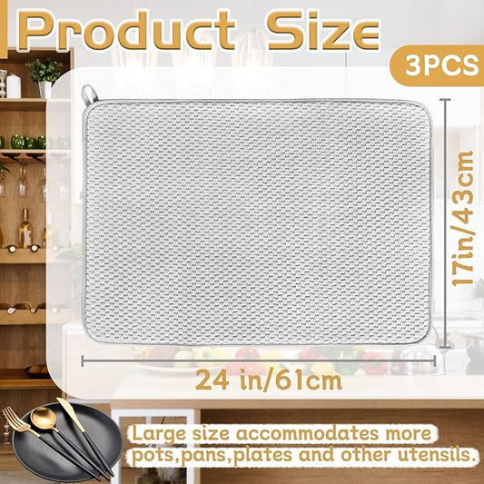 3 Pack Microfiber Dish Drying Mat,24x17"Highly Absorbent Dish Drainer Mat,Large Size Kitchen Counter Quick Dry Pads for Coffee Rack,Under Sink(Gray)