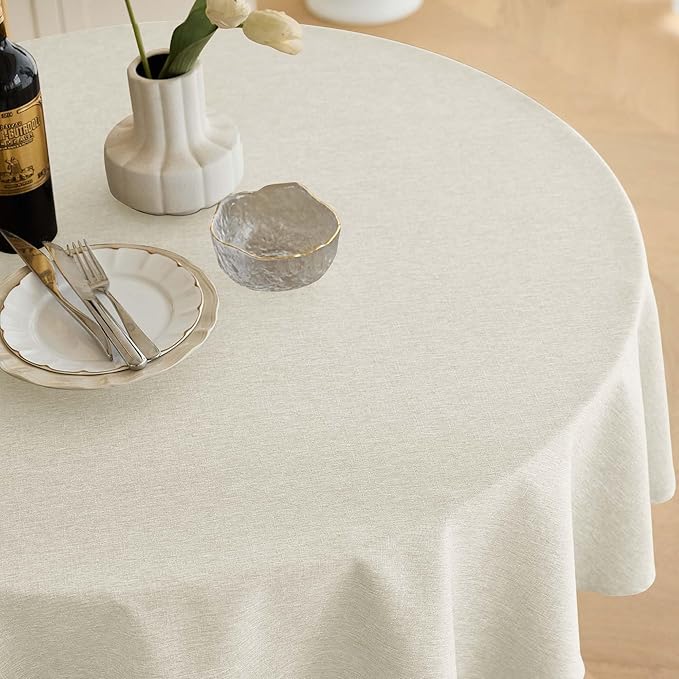 Waterproof Round Tablecloth for Round Dining Table, Decorative Rustic Soft Wipeable Table Cloths Cover Indoor Outdoor Use for Holiday,Wedding, Kitchen (70 Inch,Round (4-6 Seats),Ivory)