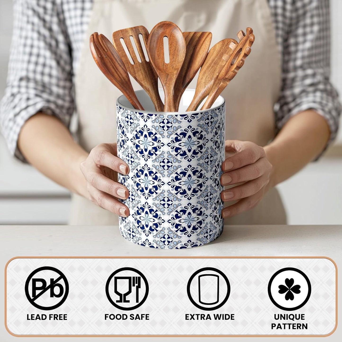Ceramic Kitchen Utensil Holder for Countertop, Embossed Pattern Crock with Kiln-Fired Finish, Counter Organizer for Cooking Tools ,Blue