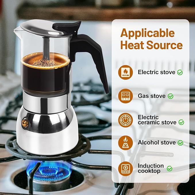 Vaolvpant 6 Cup Glass Clear Moka Pot Thickened 304 Stainless Steel Stovetop Espresso Maker Italian Coffee Machine 300ml 10.6oz Classic Mocha Cafe Greca Coffee Suitable for Gas Induction