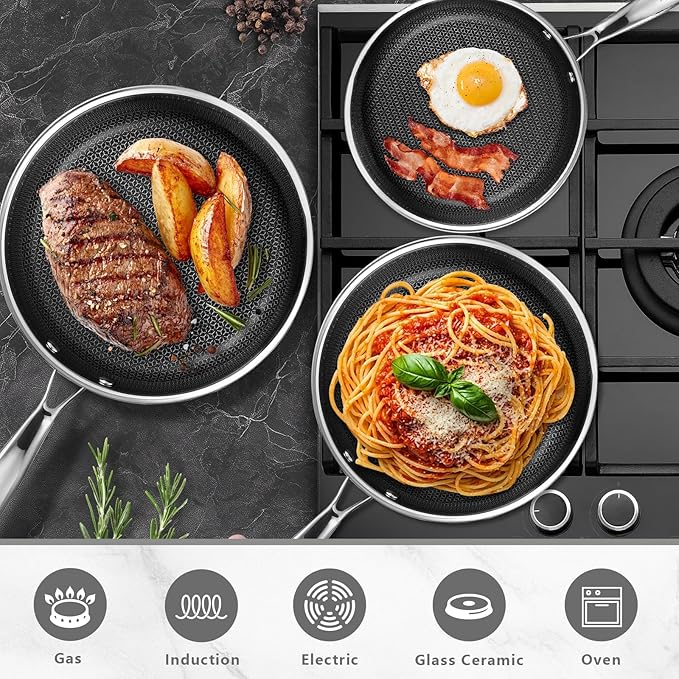 SAKAMOSH Non Stick Frying Pans Set, 8" 9.5" 11" Stainless Steel Pan Set, Ceramic Skillet with Stay-Cool Handle, Non Toxic, PFAS PFOA PTFE Free, Dishwasher Safe, Induction, Suitable with All Cooktops