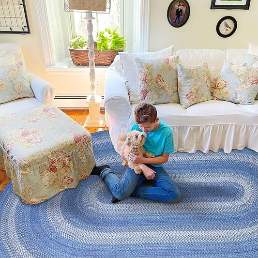 Homespice Denim Jute Braided Oval Rugs 6x9' - Coastal Country Blue Oval Area Rugs for Living Room, Reversible, Pet Friendly, No Shed Jute for Easy Maintenance