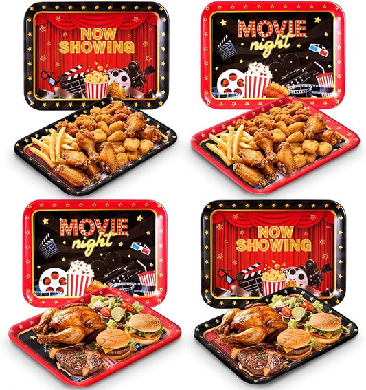 Vesici 4 Pack Movie Night Melamine Serving Trays, 13 x 10 Inch Rectangular Cinema Snack Platters with Popcorn & Film Designs, Durable Serving Plates for Home Theater, Parties & Appetizers