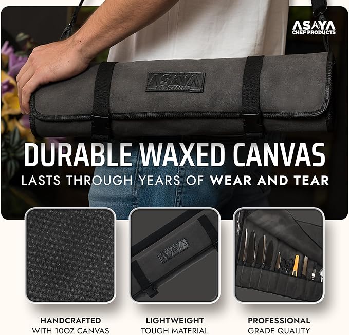 Asaya Canvas Chef Knife Roll Bag - 10 Knife Slots and a Large Zipper Pocket - Durable 10oz Canvas Knife Case with an Adjustable Shoulder Strap - Knives not Included