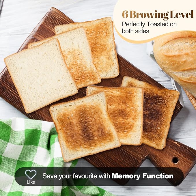 Tesslux 4 Slice Toaster with Touch Screen Control, 1.5" Wide Long Slots, 6 Browning Levels & 6 Bread Types, Digital Timer, Memory, Defrost, Reheat (BLACK)