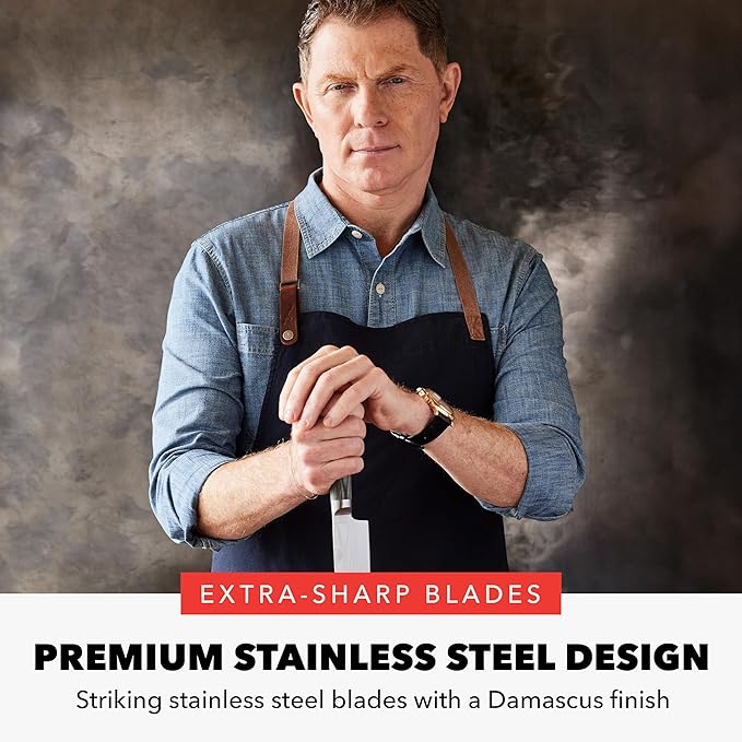 GreenPan x Bobby Flay 5” & 7” Santoku Knife Set, Premium Stainless Steel Blades, Precision Cutting Kitchen Tools, Ultra-Sharp Cutlery, Hand Finished Ergonomic Wood Handle, Damascus Steel Design