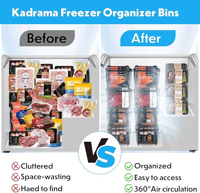 Freezer Organizer Bins 4 Pack Stackable Chest Freezer Organizer for 5 and 7 Cu.FT Deep Freezer Metal Wire Storage Basket with Side Handles Pantry Organization Bins, Get Food Easily