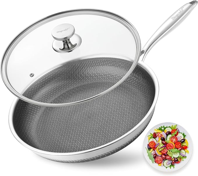 Dingerkit Skillets and Frying Pans NonStick with Lid, 10 inch Stainless Steel Non Stick Frying Pan Honeycomb for Kitchen Cookware - Dishwasher and Oven Safe Pan for Induction Gas Ceramic.
