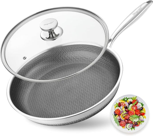 Dingerkit Skillets and Frying Pans NonStick with Lid, 10 inch Stainless Steel Non Stick Frying Pan Honeycomb for Kitchen Cookware - Dishwasher and Oven Safe Pan for Induction Gas Ceramic.