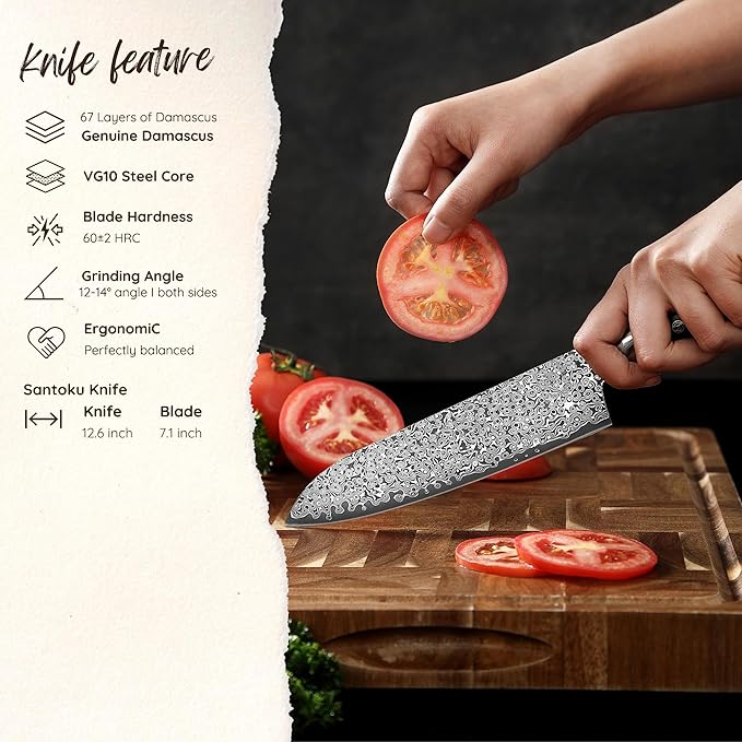 zayiko Black Edition Damascus Santoku Knife – 7.1-Inch Blade | 67-Layer VG10 Core Steel | Ergonomic Pakkawood Handle | Premium Kitchen Knife for Meat, Fish & Vegetables | Gift Box