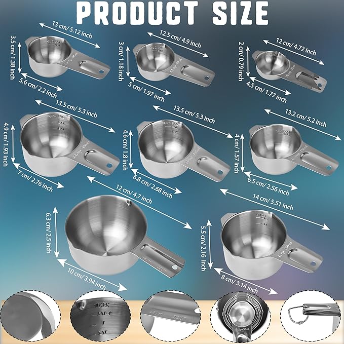 8 Pcs Stainless Steel Measuring Cup Set 16 8 6 5 4 3 2 1 oz Single Metal Measure Scoop for Wet and Dry Ingredients Cooking Great Kitchen Gadgets Dog Food Scoop